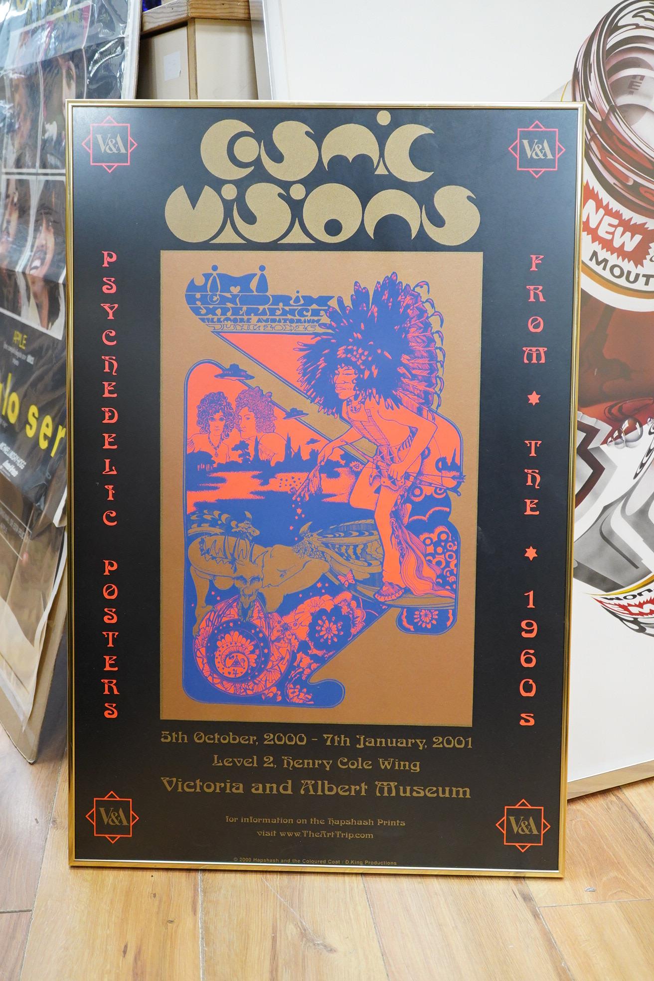 An original framed poster promoting the exhibition of 1960’s psychedelic art ‘cosmic visions’ at the Victoria Albert Museum, 5th October 2000 - 7th January 2001, published 2000 Hapshash and the coloured coat, 73 x 48cm